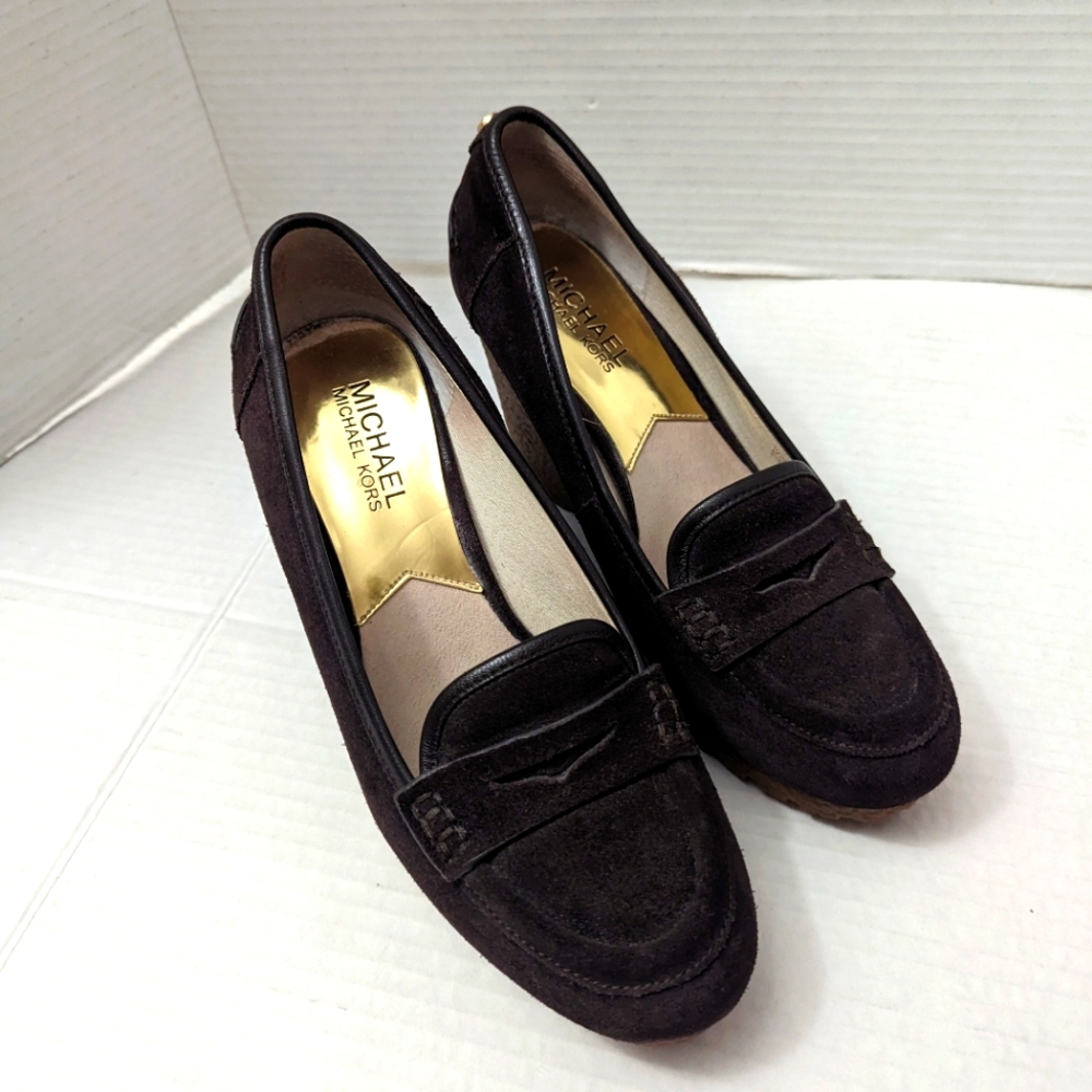 Michael Michael Kors Rory Loafer Coffee Wedge Pumps High Heel Size 6 1/2M